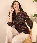 Women black cotton blend leheriya printed regular top