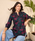Women navy blue cotton blend floral printed regular top