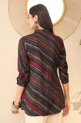 Women navy blue cotton blend leheriya printed regular top
