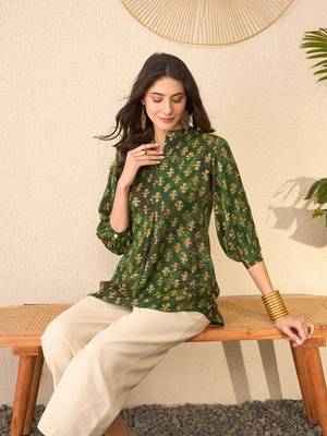 Women green cotton blend ethnic motifs printed regular top 1