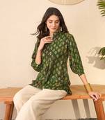Women green cotton blend ethnic motifs printed regular top
