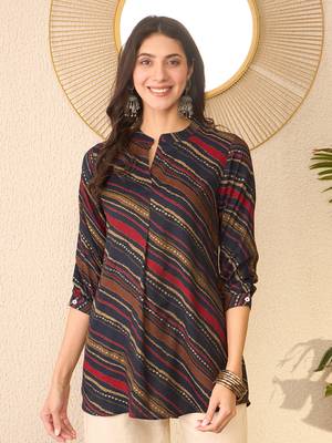 Women navy blue cotton blend leheriya printed regular top 5
