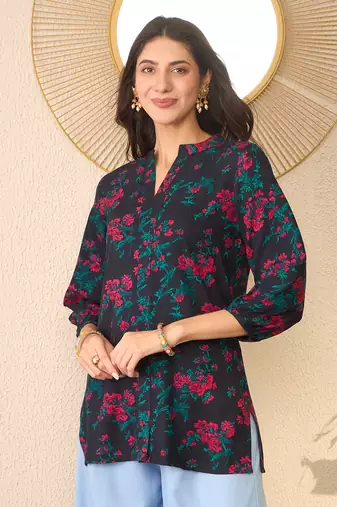 Women navy blue cotton blend floral printed regular top