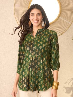 Women green cotton blend ethnic motifs printed regular top 2