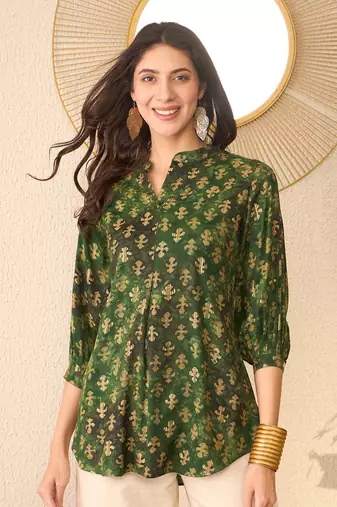 Women green cotton blend ethnic motifs printed regular top