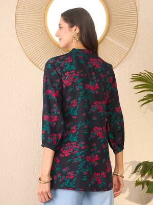Women navy blue cotton blend floral printed regular top 4