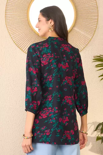 Women navy blue cotton blend floral printed regular top