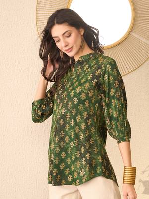 Women green cotton blend ethnic motifs printed regular top 3