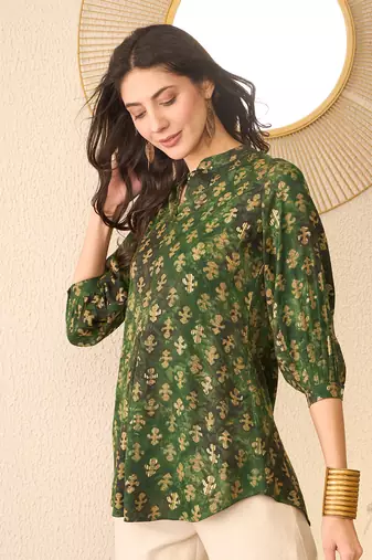 Women green cotton blend ethnic motifs printed regular top