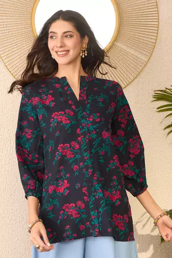 Women navy blue cotton blend floral printed regular top