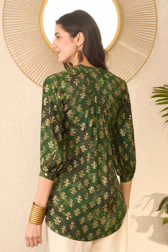 Women green cotton blend ethnic motifs printed regular top