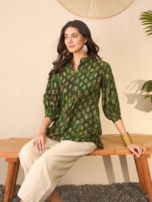 Women green cotton blend ethnic motifs printed regular top 5