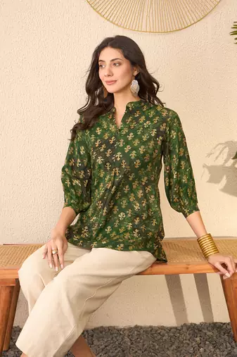 Women green cotton blend ethnic motifs printed regular top