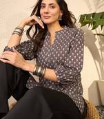 Women grey cotton blend floral printed regular top