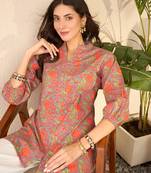 Women grey cotton blend floral printed regular top