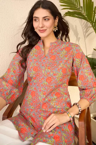 Women grey cotton blend floral printed regular top
