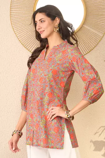 Women grey cotton blend floral printed regular top