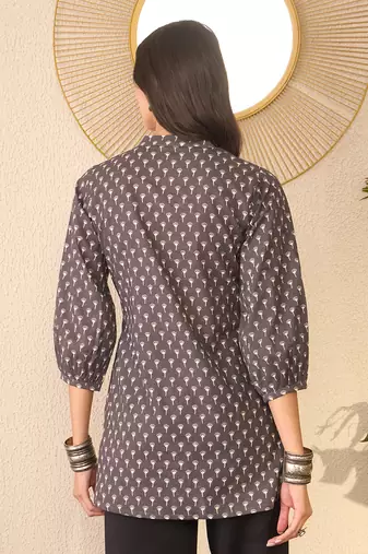 Women grey cotton blend floral printed regular top