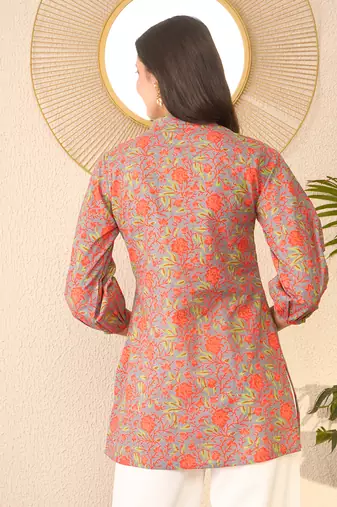 Women grey cotton blend floral printed regular top