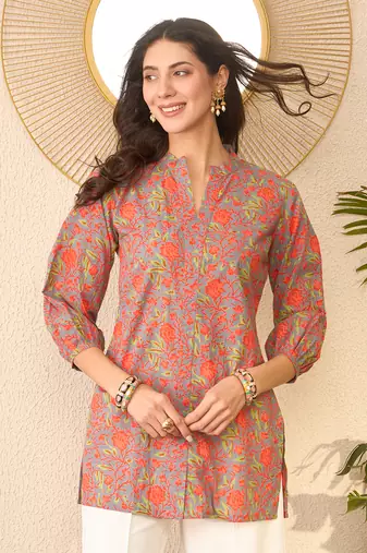 Women grey cotton blend floral printed regular top