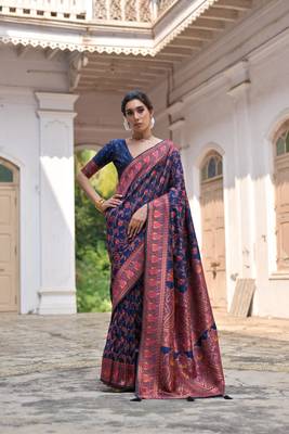 Navy blue soft pashmina silk blend weaving saree with zari woven fancy tassels  1