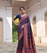 Navy blue soft pashmina silk weaving saree with zari woven fancy tassels 