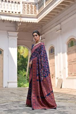 Navy blue soft pashmina silk blend weaving saree with zari woven fancy tassels  2