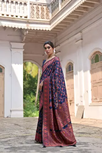 Navy blue soft pashmina silk blend weaving saree with zari woven fancy tassels 