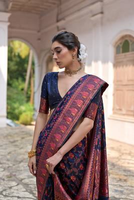 Navy blue soft pashmina silk blend weaving saree with zari woven fancy tassels  3
