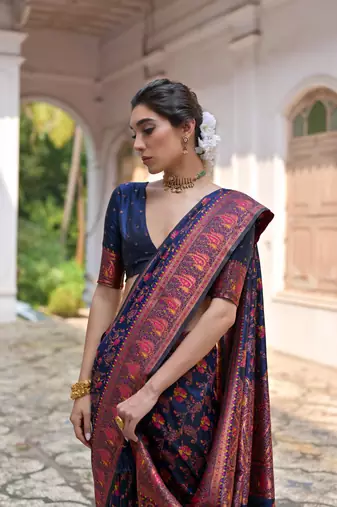Navy blue soft pashmina silk blend weaving saree with zari woven fancy tassels 