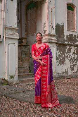Wine banarasi silk weaving saree with zari woven fancy tassels  1
