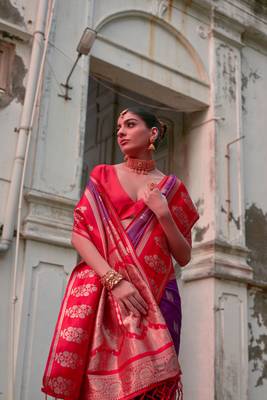 Wine banarasi silk weaving saree with zari woven fancy tassels  2
