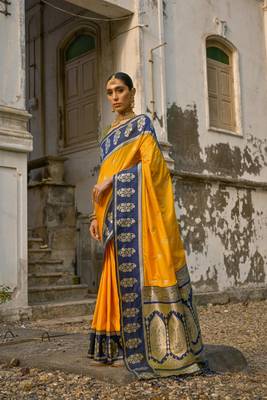 Yellow banarasi silk weaving saree with zari woven fancy tassels  3