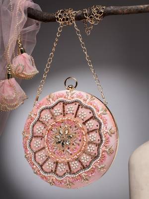 adorn dusty coral & multi floral embellished faux silk clutch 1