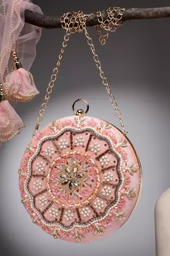 adorn dusty coral & multi floral embellished faux silk clutch