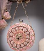 adorn dusty coral & multi floral embellished faux silk clutch