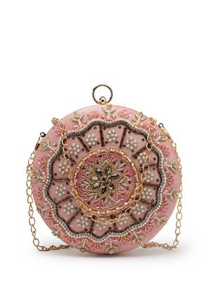 adorn dusty coral & multi floral embellished faux silk clutch 4