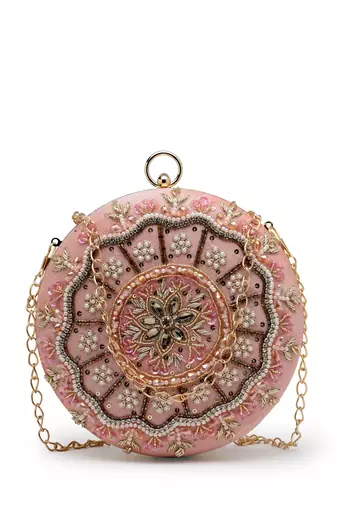adorn dusty coral & multi floral embellished faux silk clutch