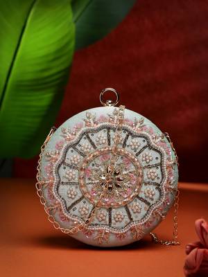 adorn sage & multi floral embellished faux silk clutch 1