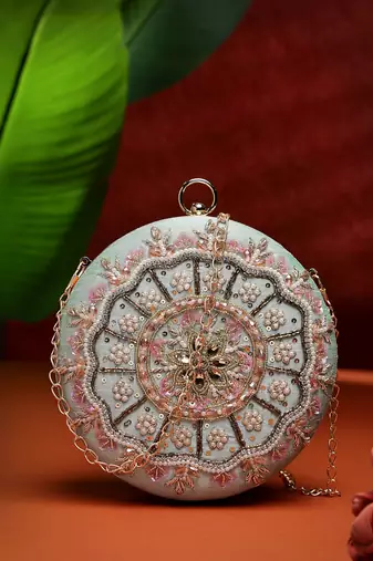 adorn sage & multi floral embellished faux silk clutch