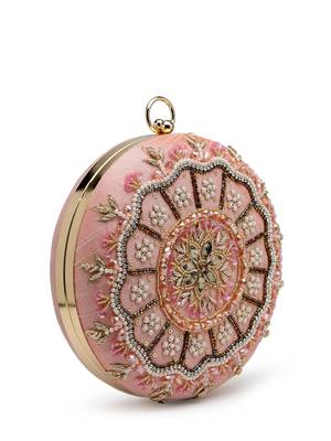 adorn dusty coral & multi floral embellished faux silk clutch 5