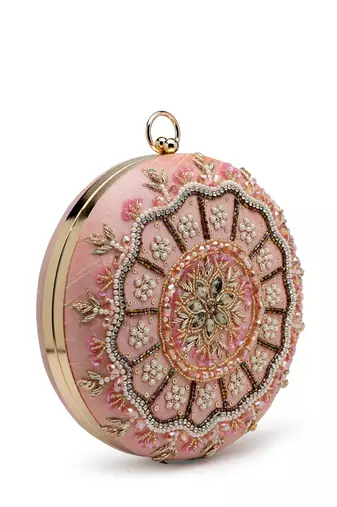 adorn dusty coral & multi floral embellished faux silk clutch
