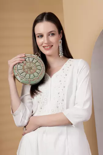 adorn sage & multi floral embellished faux silk clutch