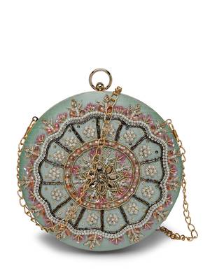 adorn sage & multi floral embellished faux silk clutch 4