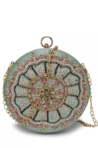 adorn sage & multi floral embellished faux silk clutch