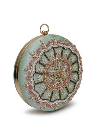 adorn sage & multi floral embellished faux silk clutch 5