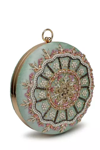 adorn sage & multi floral embellished faux silk clutch