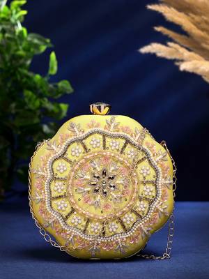 adorn lemon yellow, pearl & pink floral embellished faux silk clutch 1