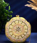 adorn lemon yellow, pearl & pink floral embellished faux silk clutch