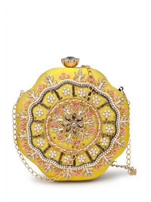 adorn lemon yellow, pearl & pink floral embellished faux silk clutch 4